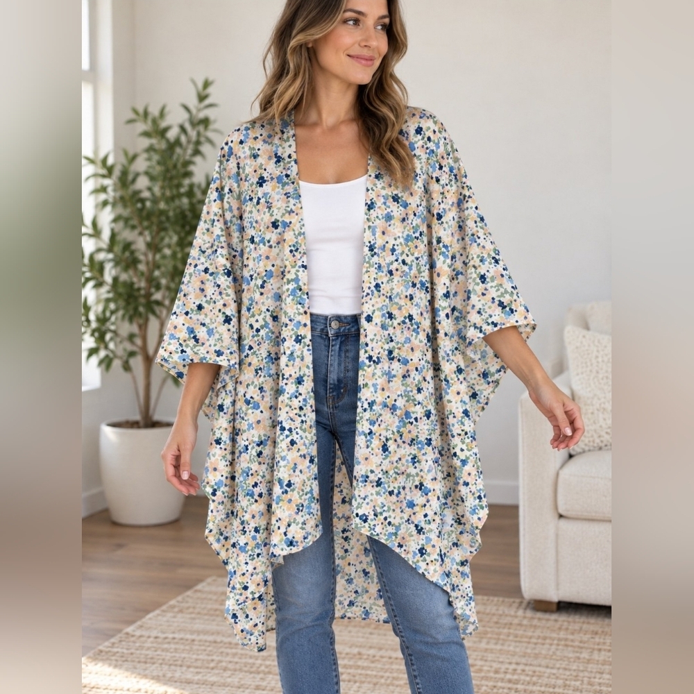 Colorful Floral Size OS Open-Front Kimono Cover-Up Poncho Flowy Drapy Boho